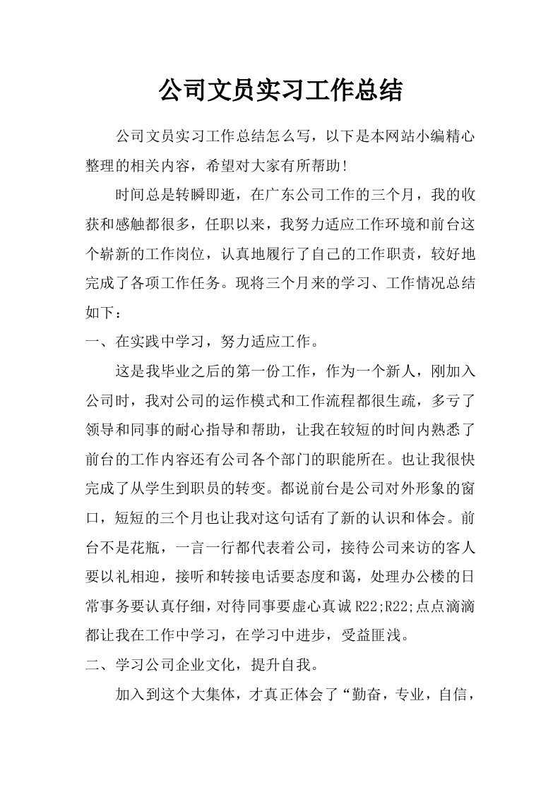 公司文员实习工作总结