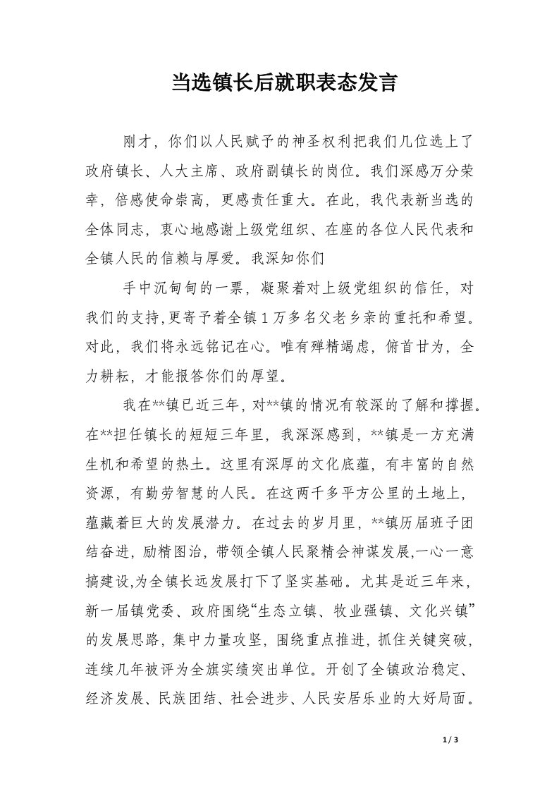 当选镇长后就职表态发言