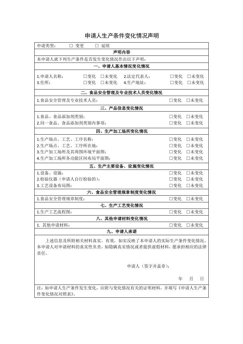 申请人生产条件变化情况声明