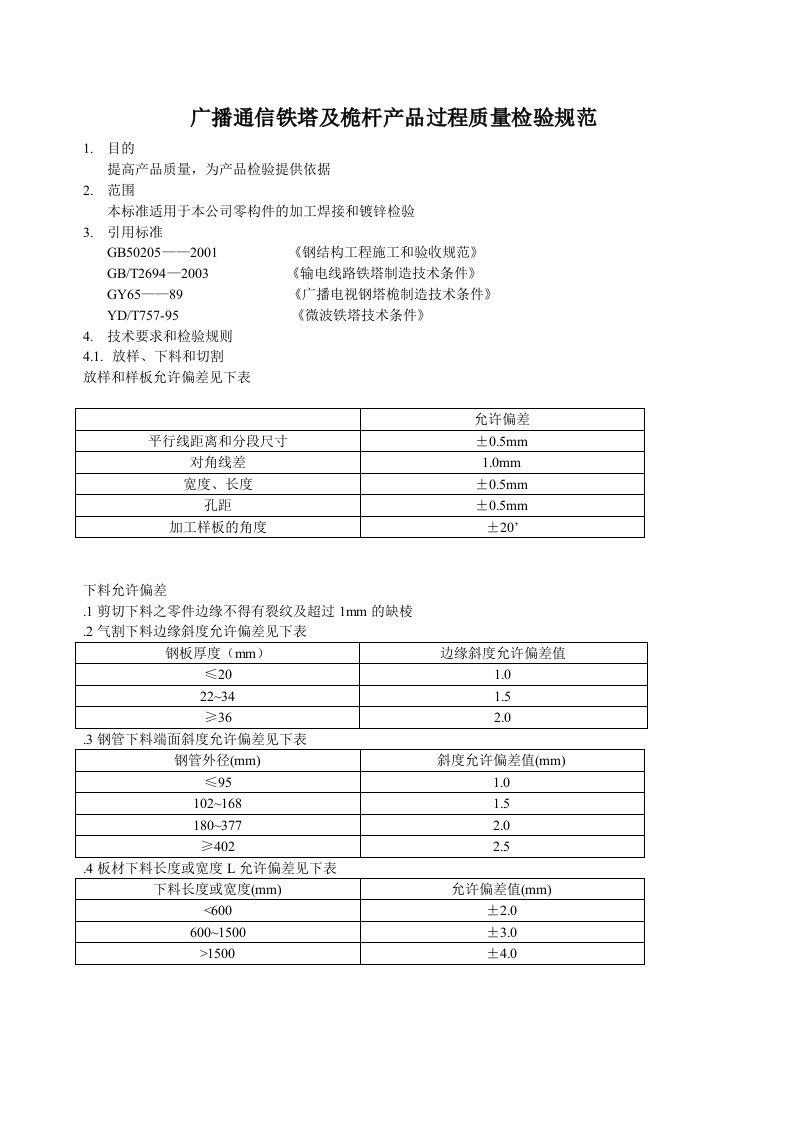 广播通信铁塔及桅杆产品过程质量检验规范