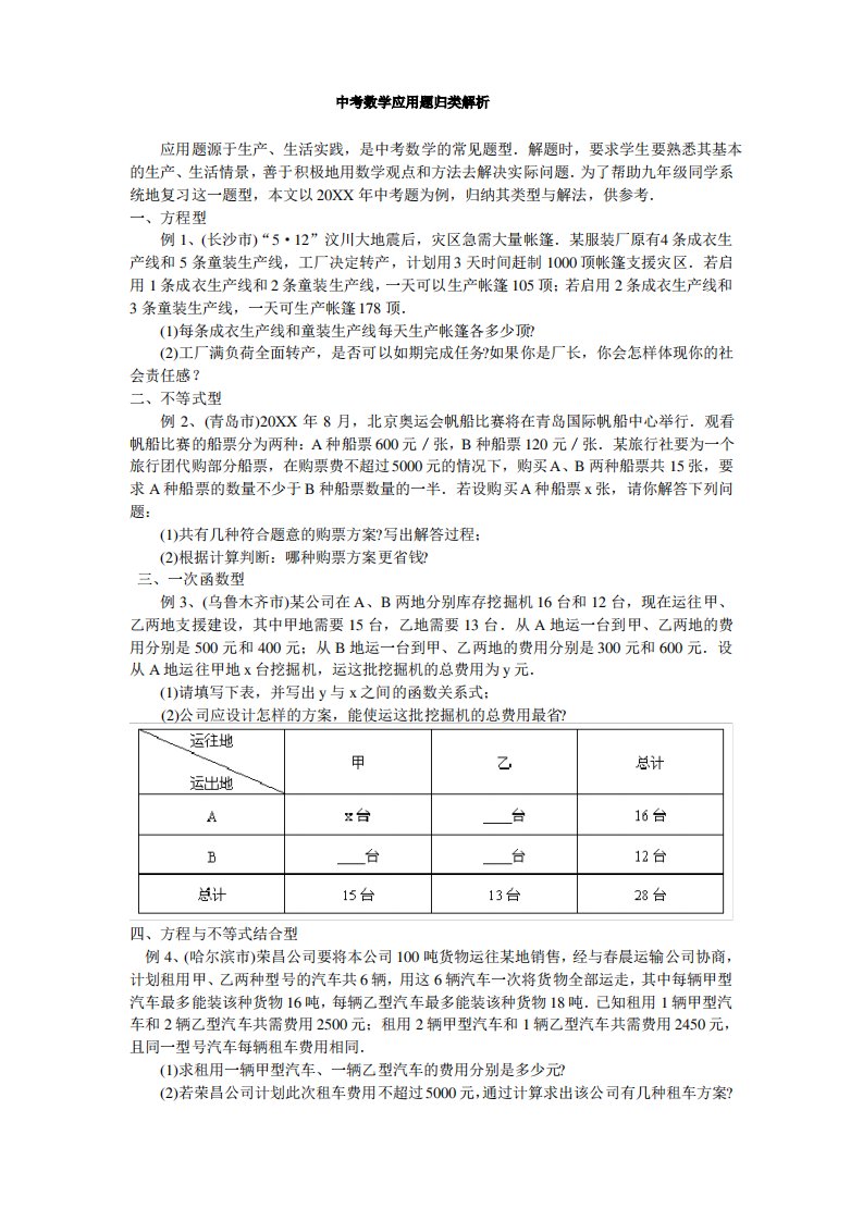 中考数学应用题归类解析(八年级辅导)