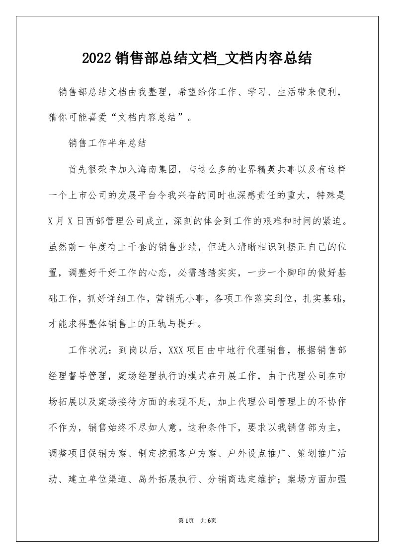 2022销售部总结文档_文档内容总结