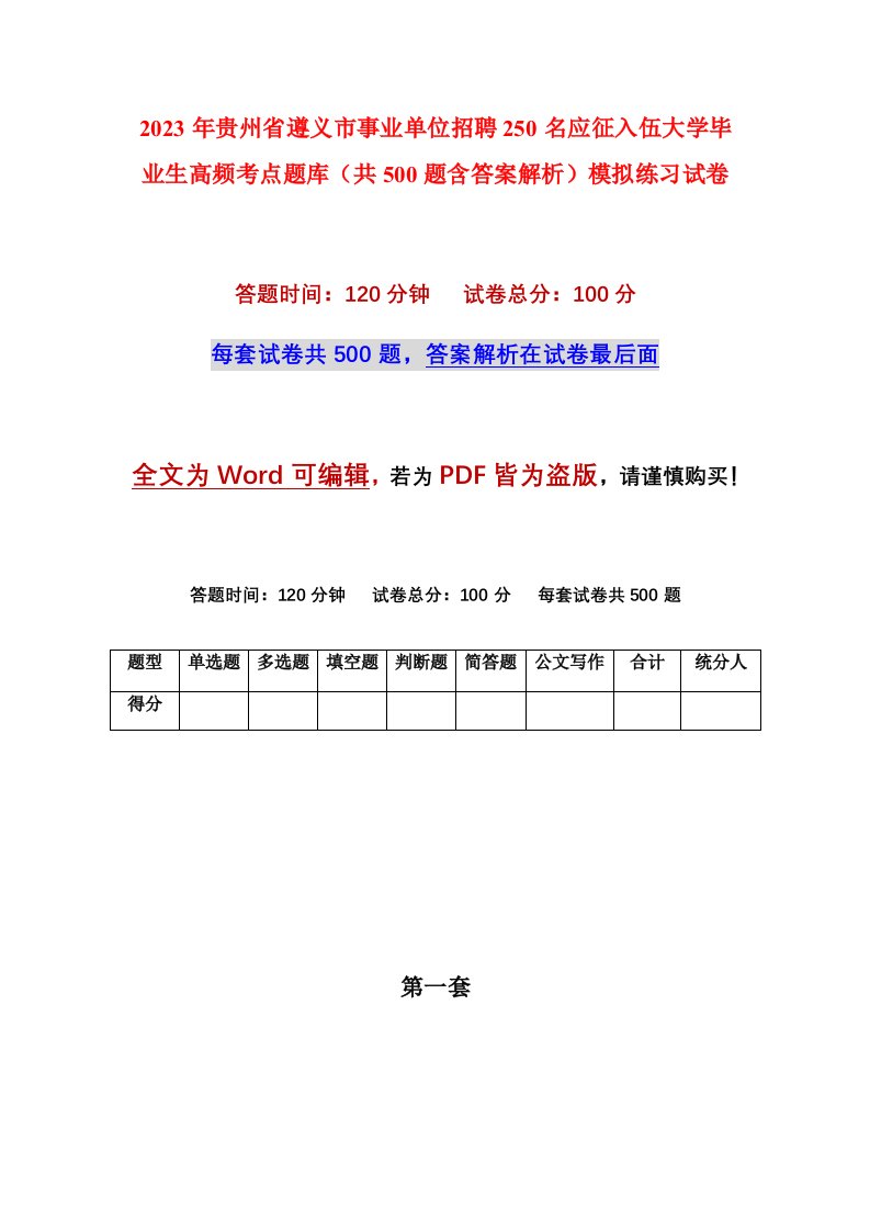 2023年贵州省遵义市事业单位招聘250名应征入伍大学毕业生高频考点题库共500题含答案解析模拟练习试卷