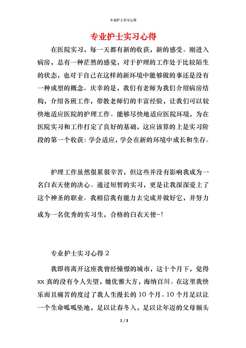 精编专业护士实习心得