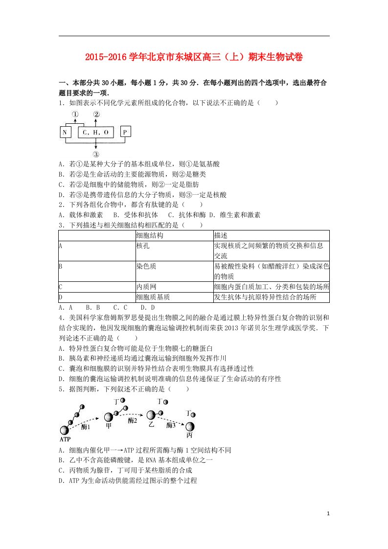 北京市东城区高三生物上学期期末试卷（含解析）