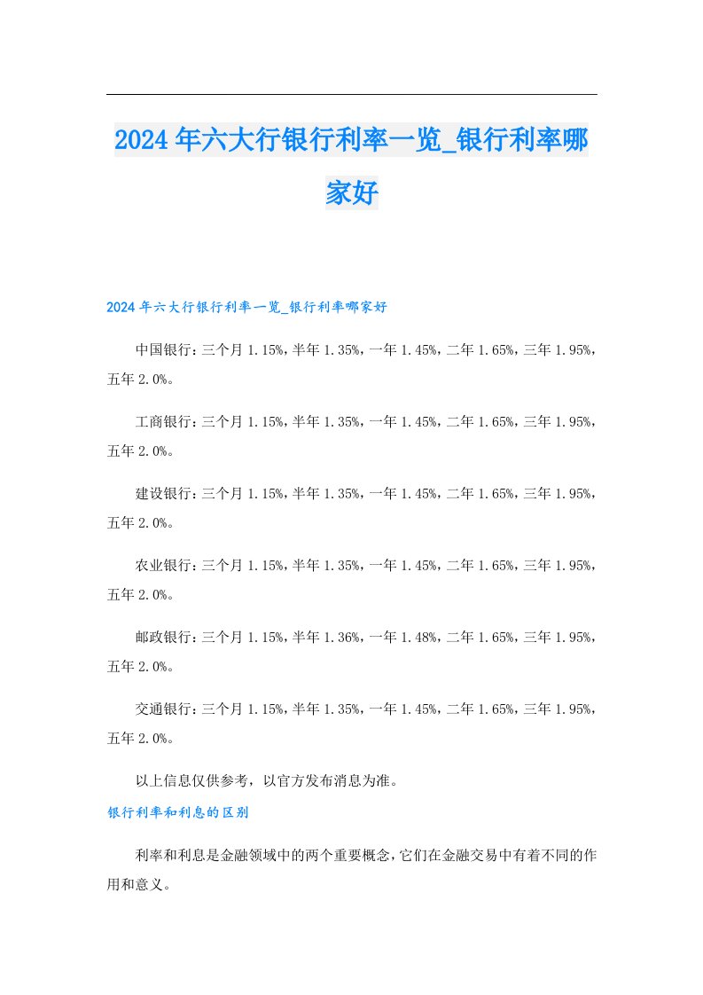 2024年六大行银行利率一览_银行利率哪家好