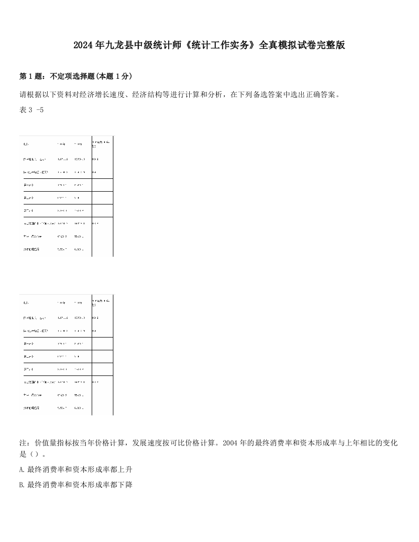 2024年九龙县中级统计师《统计工作实务》全真模拟试卷完整版