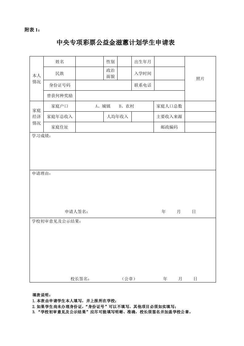 滋蕙计划附表1.中央专项彩票公益金滋蕙计划学生申请表