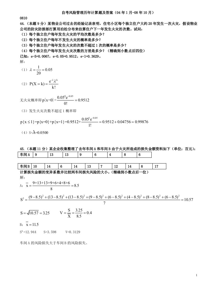 风险管理历年计算题汇总8921245045资料