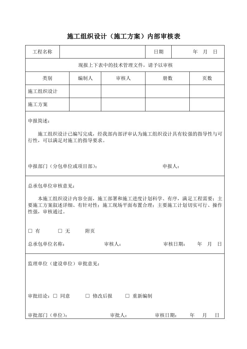 施工组织设计(施工方案)内部审核表