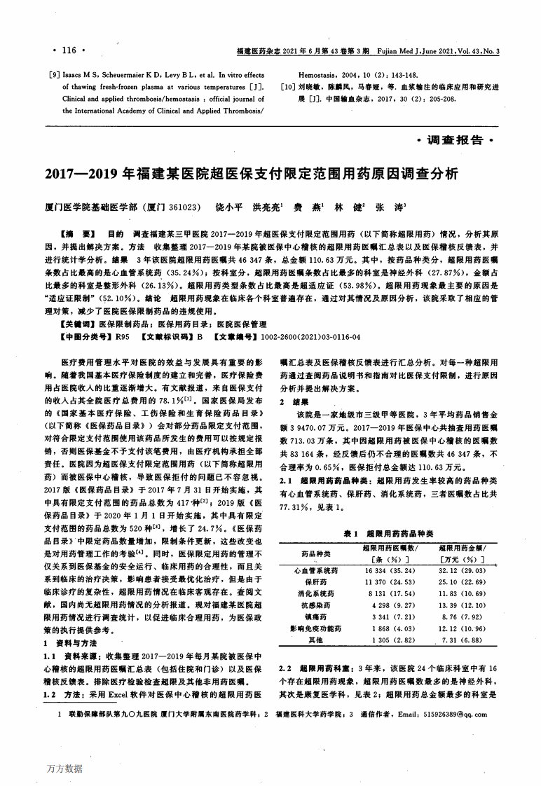 2017-2019年福建某医院超医保支付限定范围用药原因调查分析