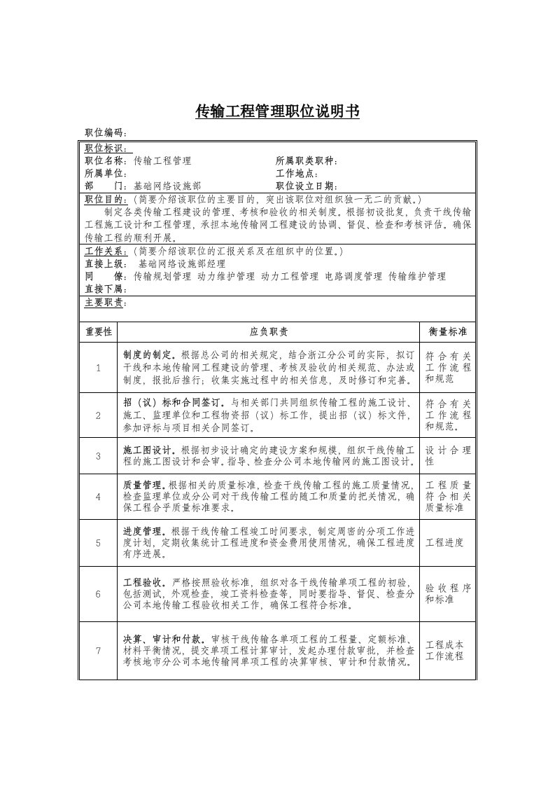 传输工程管理岗位说明书