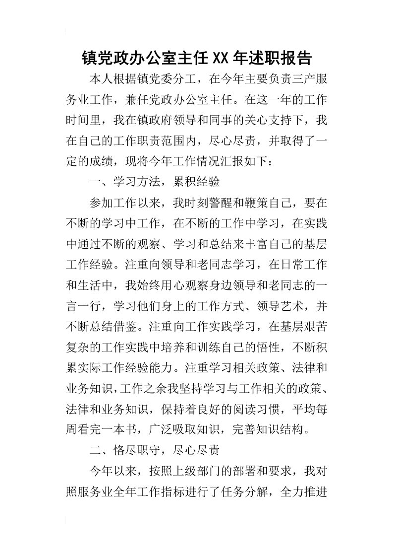 镇党政办公室主任某年述职报告