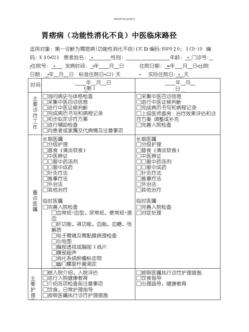 胃痞病中医临床路径