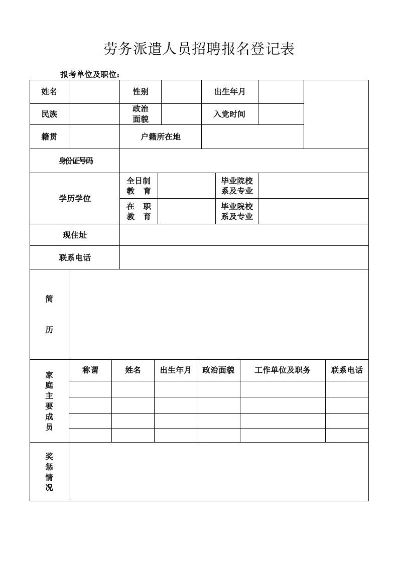 劳务派遣人员招聘报名登记表