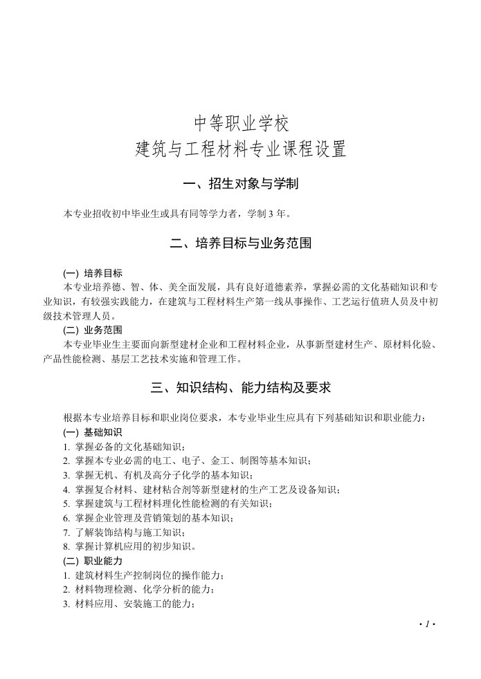 建筑与工程材料专业指导性教学计划