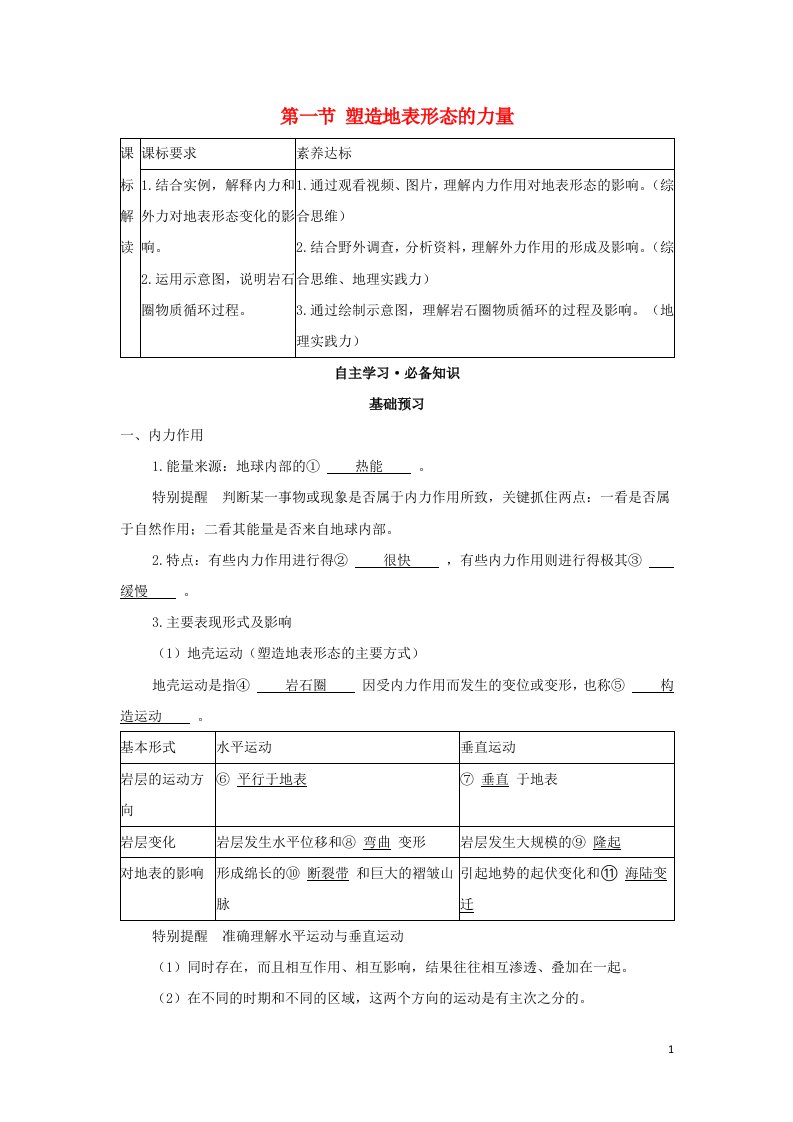 2022版新教材高中地理第二章地表形态的塑造第一节塑造地表形态的力量学案新人教版选择性必修第一册