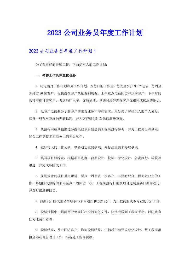 2023公司业务员年度工作计划