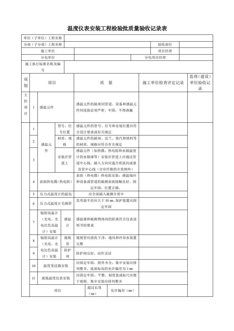 温度仪表安装工程检验批质量验收记录表