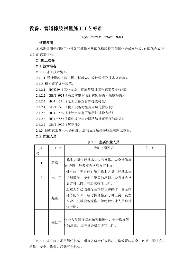 设备管道橡胶衬里施工工艺标准