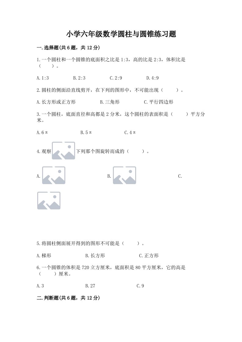 小学六年级数学圆柱与圆锥练习题（历年真题）