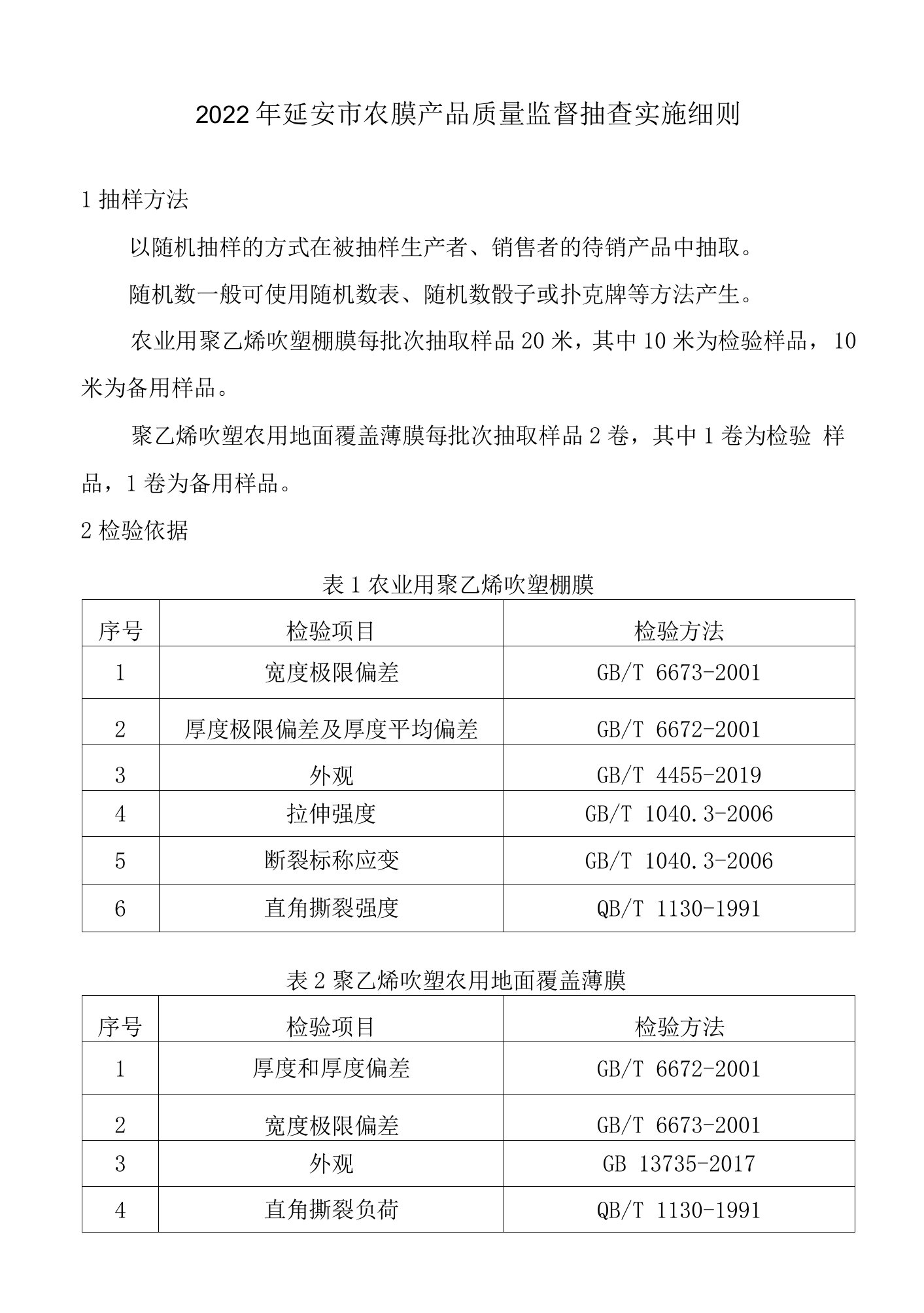 2022年延安市农膜产品质量监督抽查实施细则