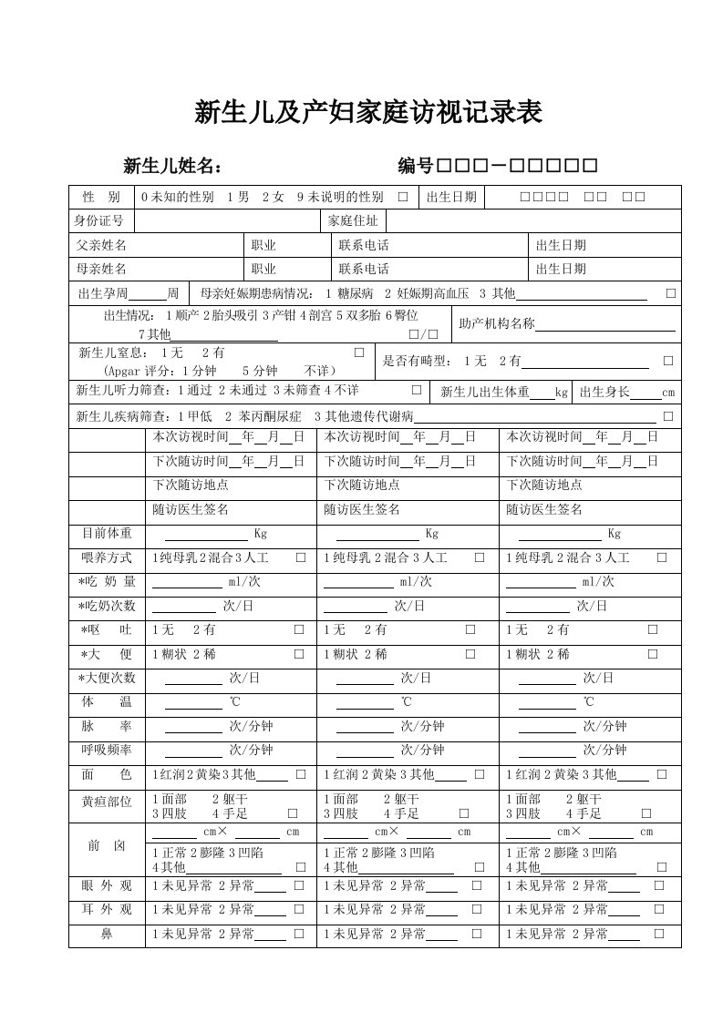 新生儿及产后访视登记表（精选）