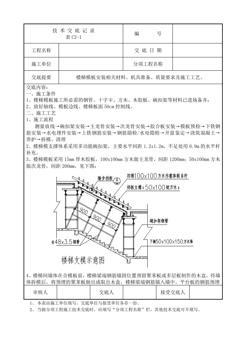 楼梯模板支设技术交底