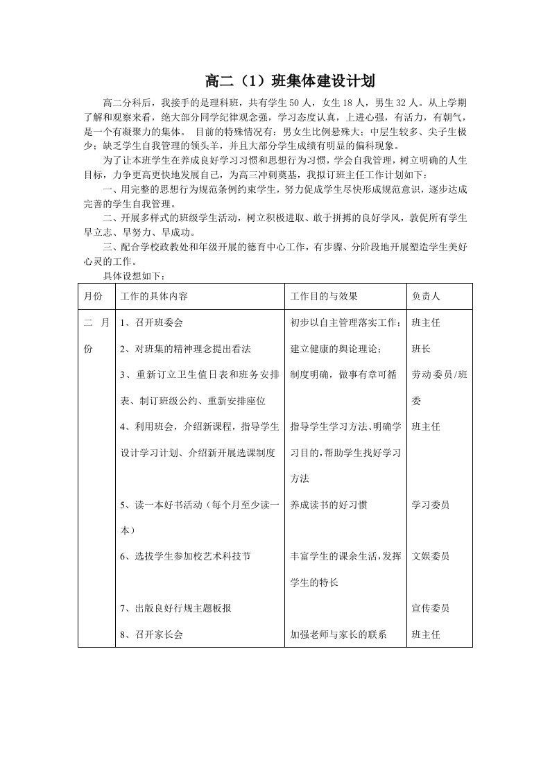 高二班集体建设计划