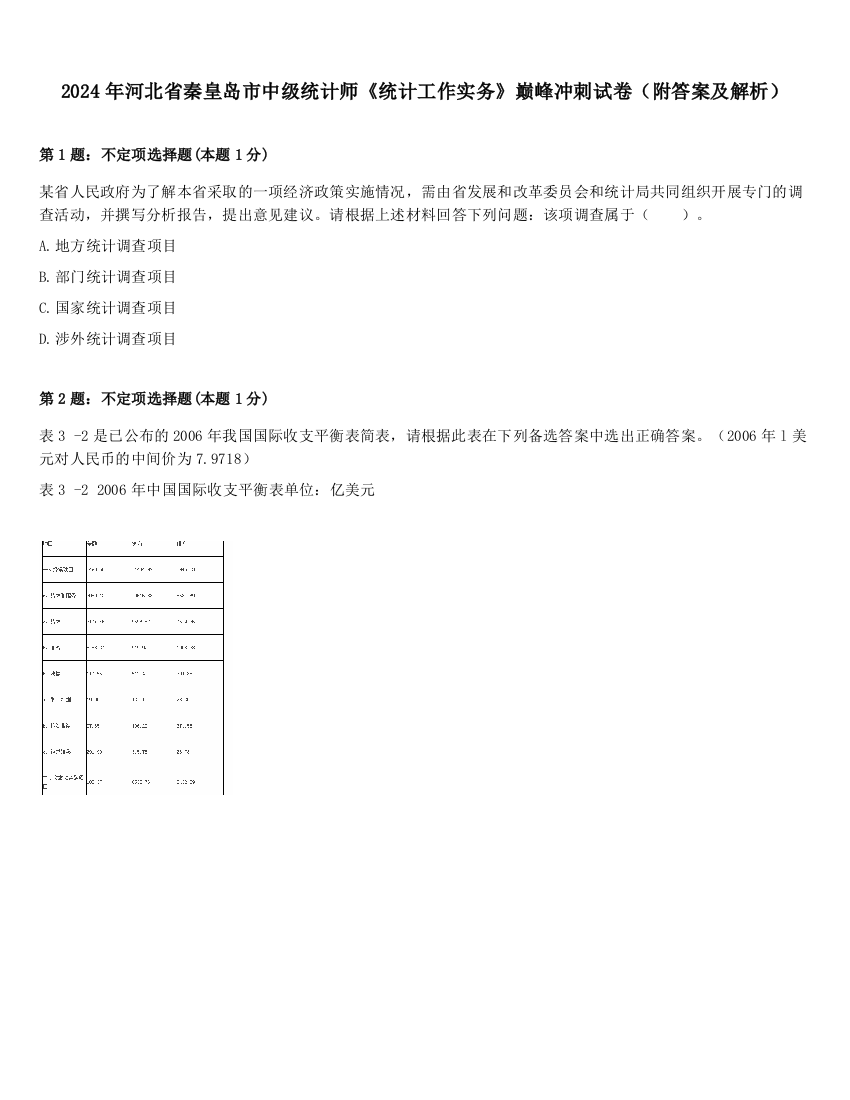 2024年河北省秦皇岛市中级统计师《统计工作实务》巅峰冲刺试卷（附答案及解析）