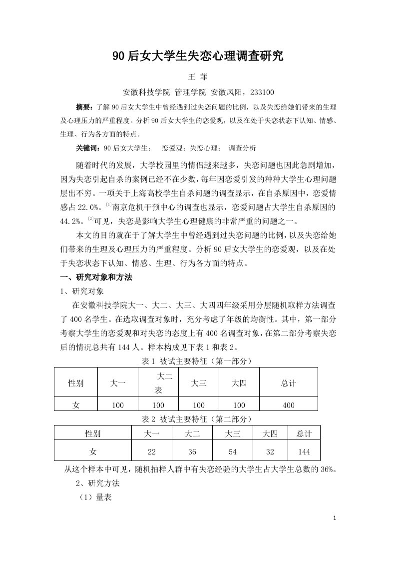 90后女大学生失恋心理调查的研究数据分析