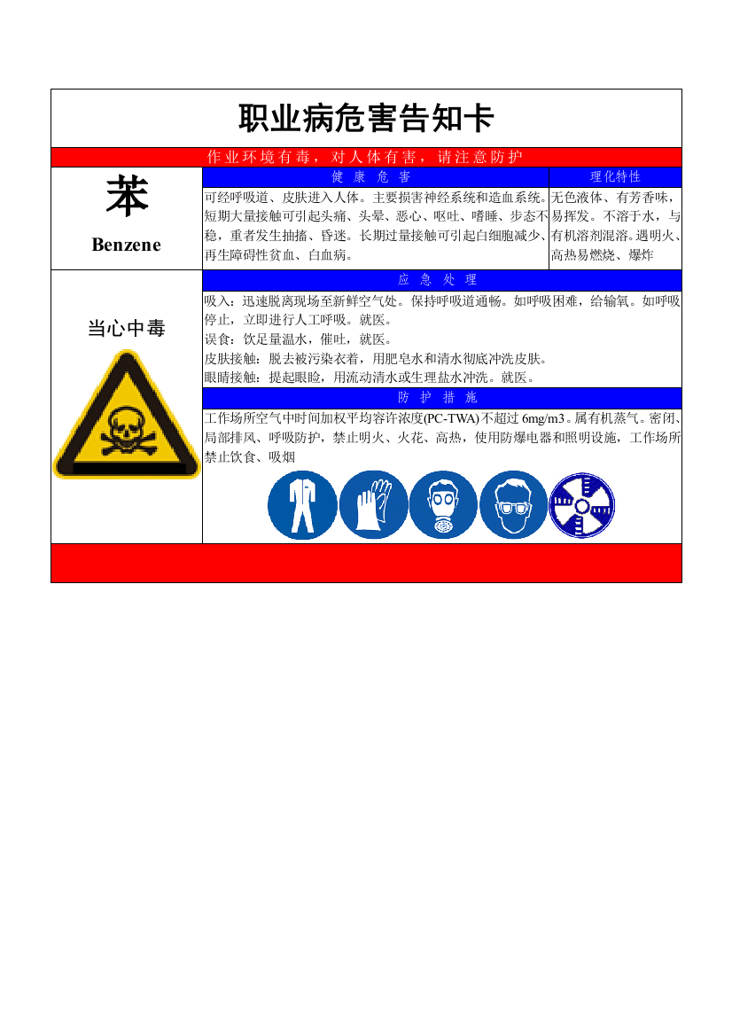 苯职业病危害告知卡