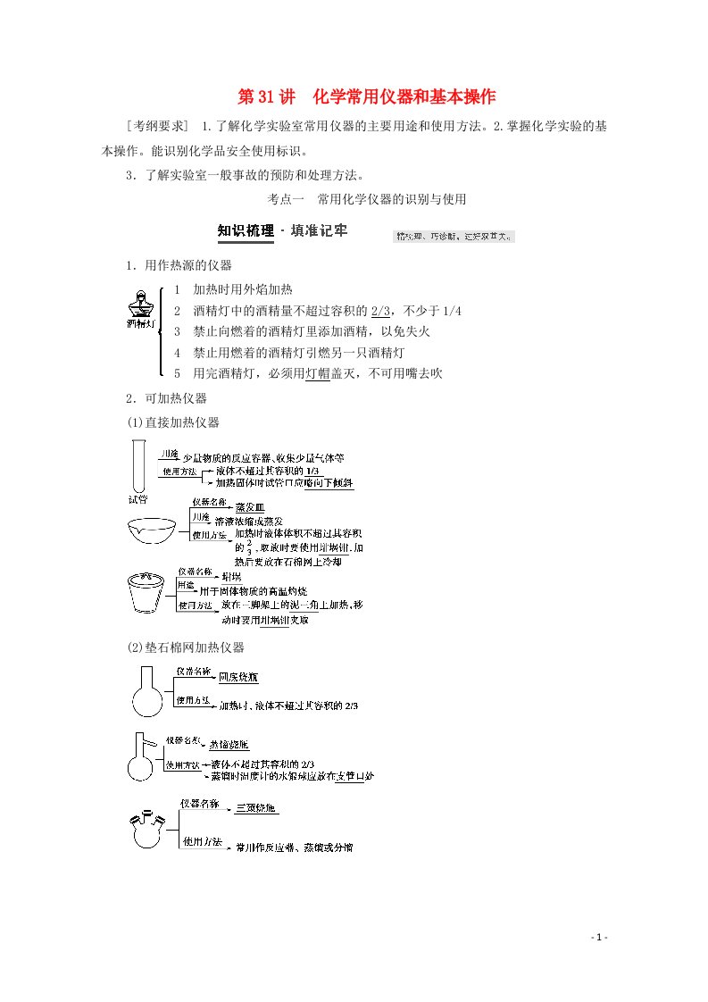 2021高考化学一轮复习第31讲化学常用仪器和基本操作教案鲁科版