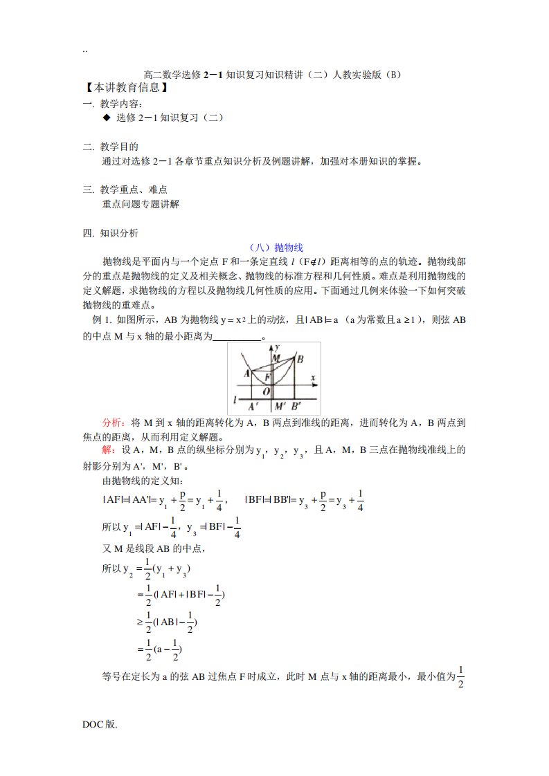 高二数学选修2-1知识复习知识精讲(二)人教实验版(B)