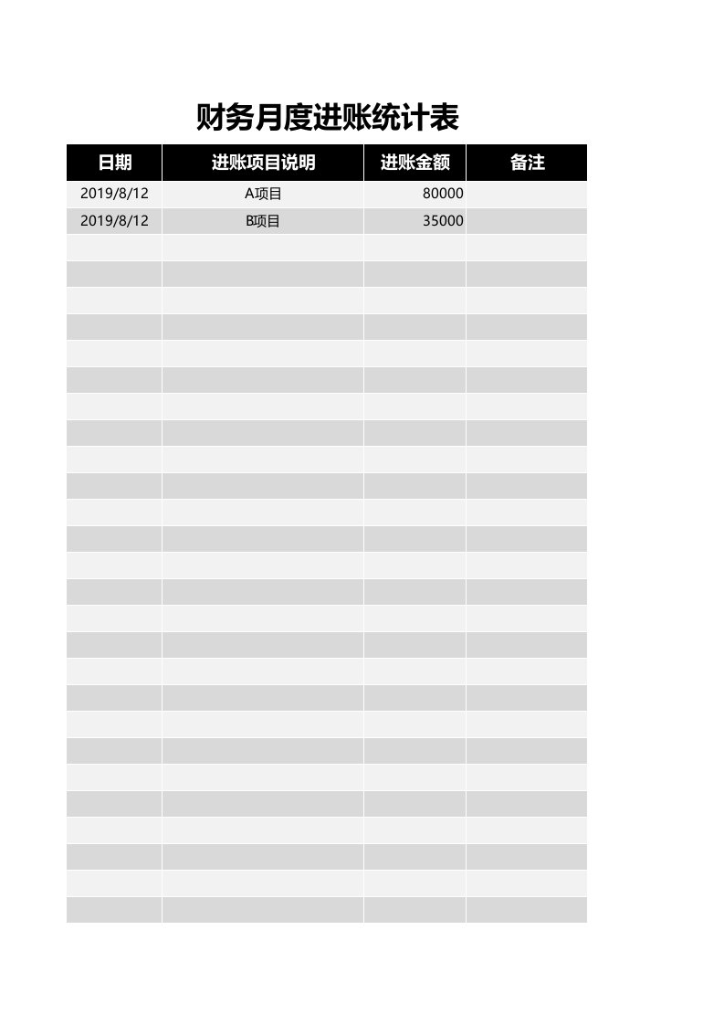 企业管理-12财务月度进账统计表