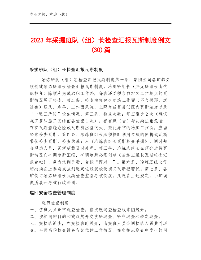 2023年采掘班队（组）长检查汇报瓦斯制度例文(30)篇