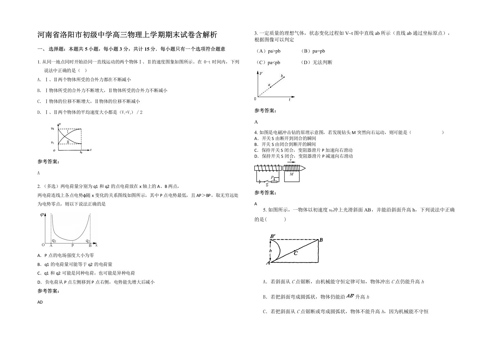 河南省洛阳市初级中学高三物理上学期期末试卷含解析