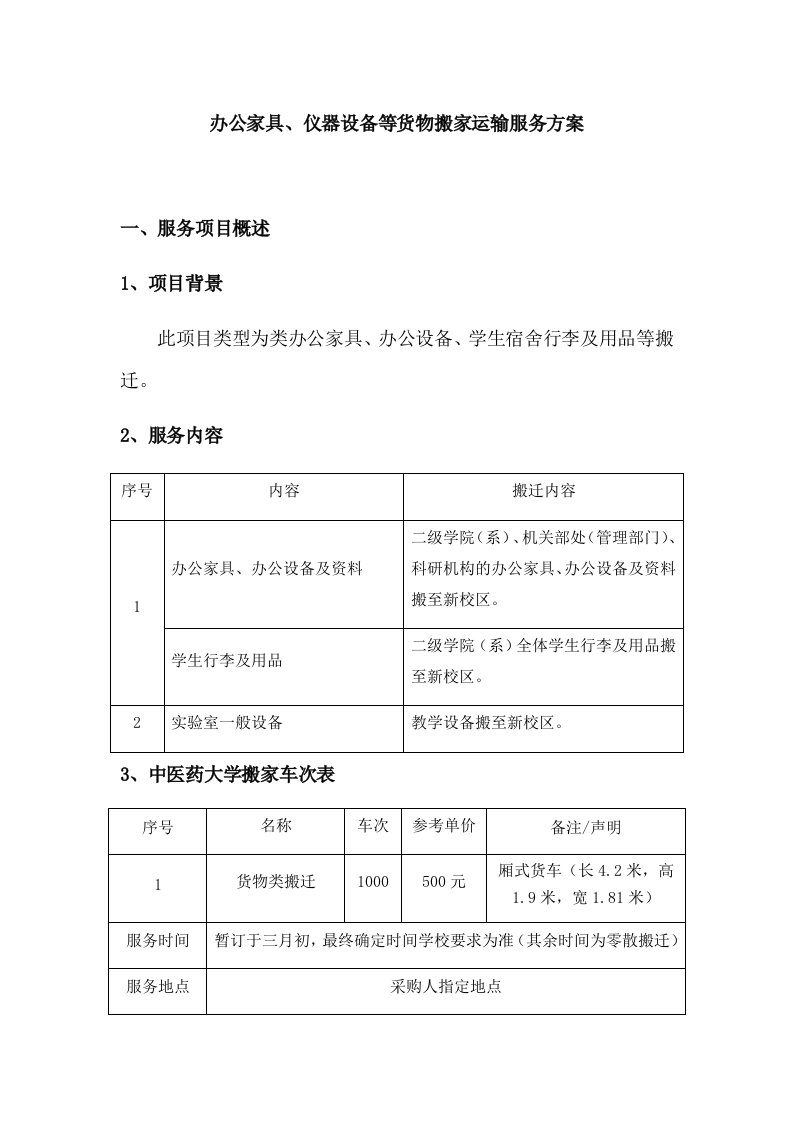 办公家具、仪器设备等货物搬家运输服务方案