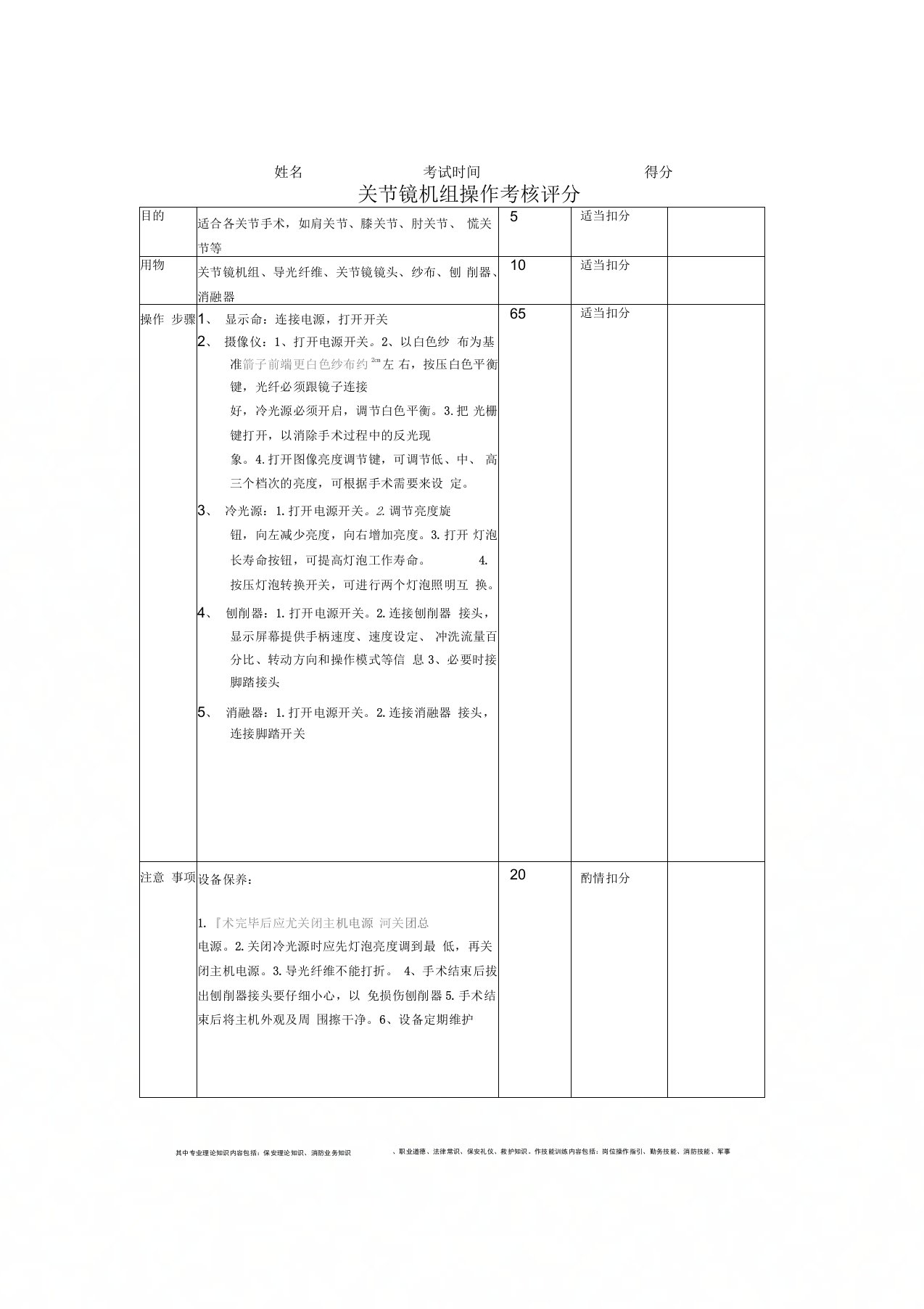 关节镜使用操作考核评分