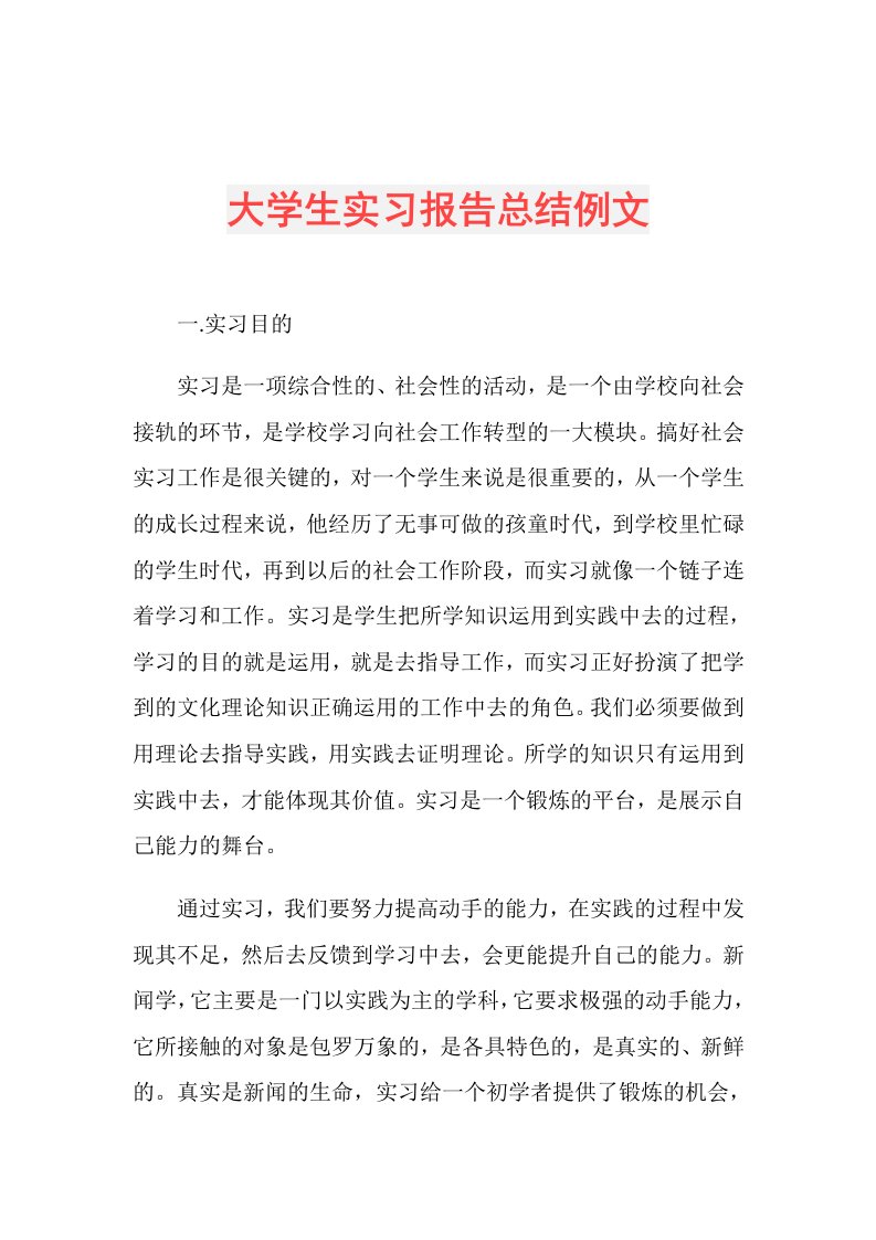 大学生实习报告总结例文