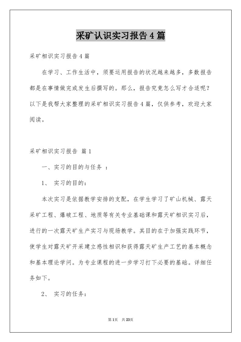 采矿认识实习报告4篇例文