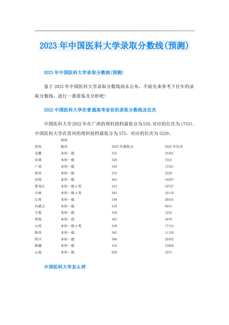 中国医科大学录取分数线(预测)