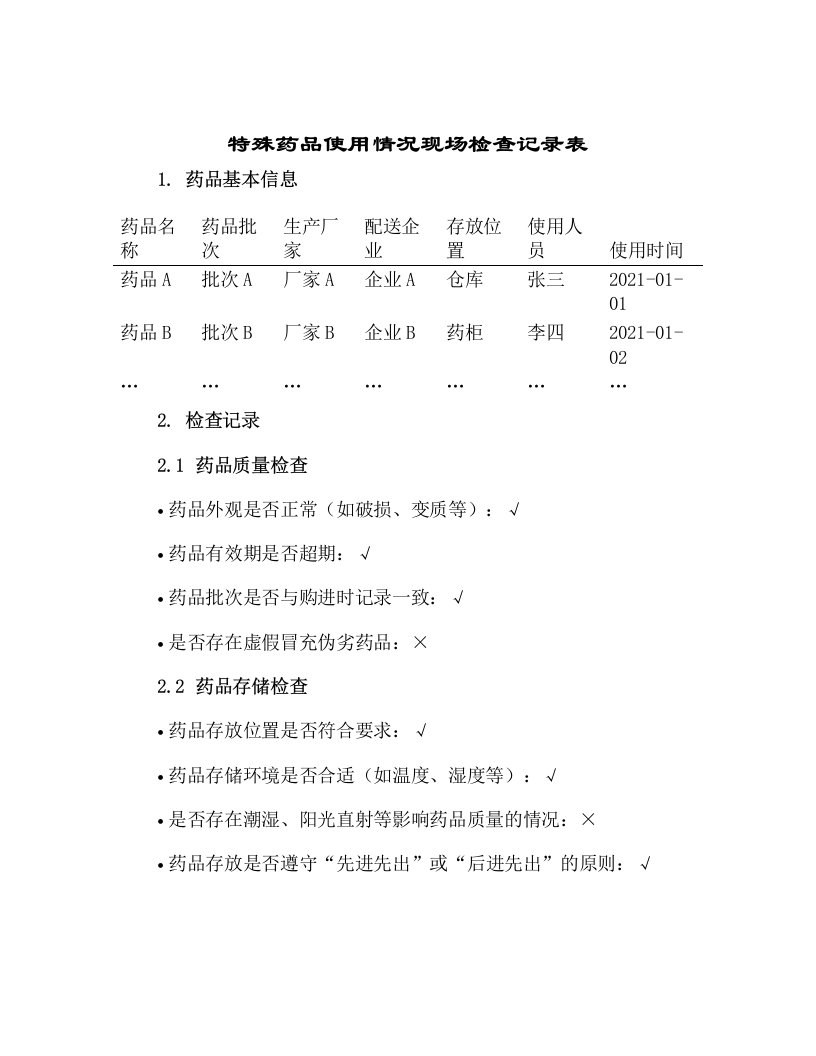 特殊药品使用情况现场检查记录表