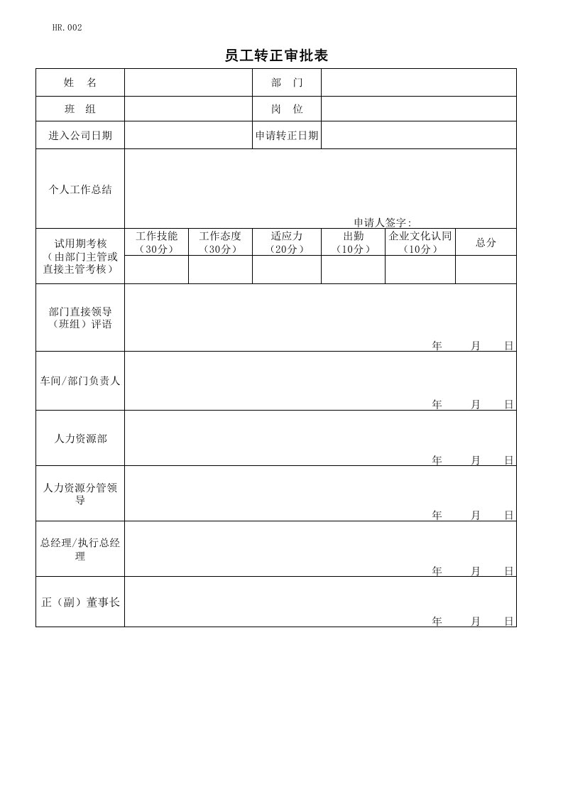 员工转正审批表表格类模板