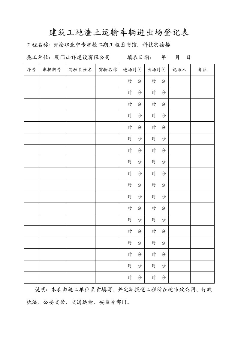 建筑工地废土运输车辆进出场登记表