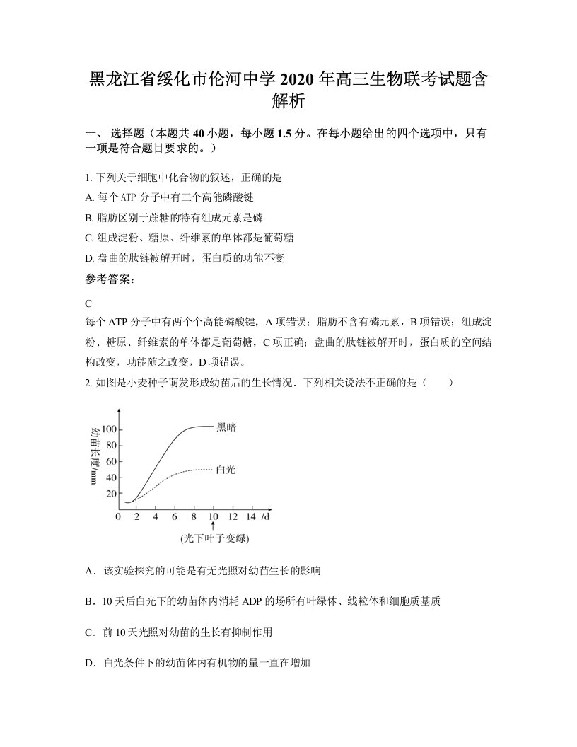 黑龙江省绥化市伦河中学2020年高三生物联考试题含解析