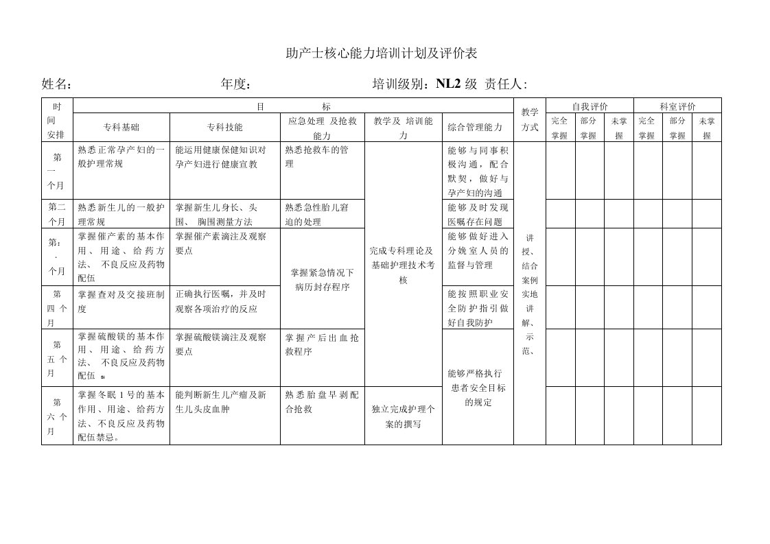 N1-2助产士核心能力培训计划及评价表