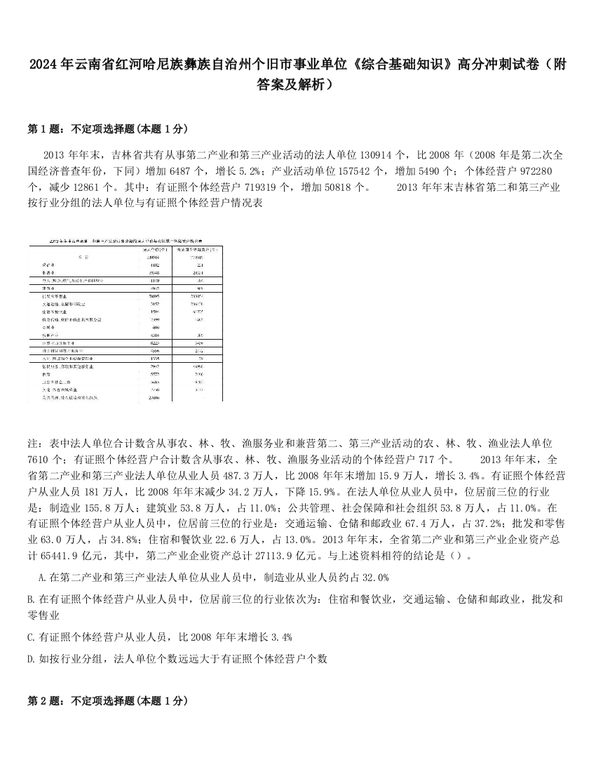 2024年云南省红河哈尼族彝族自治州个旧市事业单位《综合基础知识》高分冲刺试卷（附答案及解析）