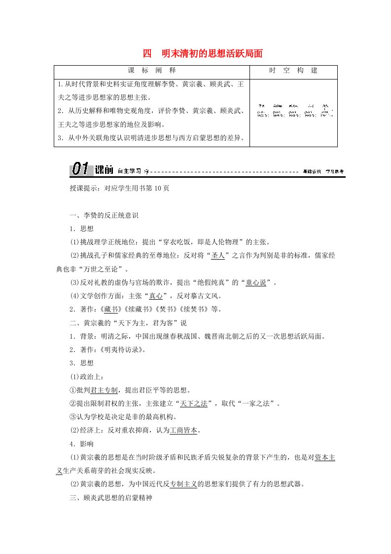 2020_2021学年高中历史专题一中国传统文化主流思想的演变四明末清初的思想活跃局面学案含解析人民版必修3