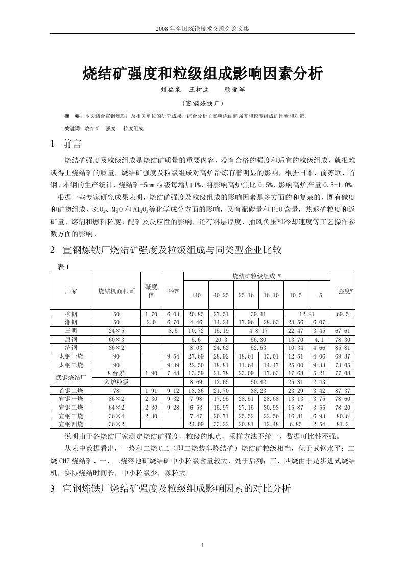 烧结矿强度和粒级组成影响因素分析